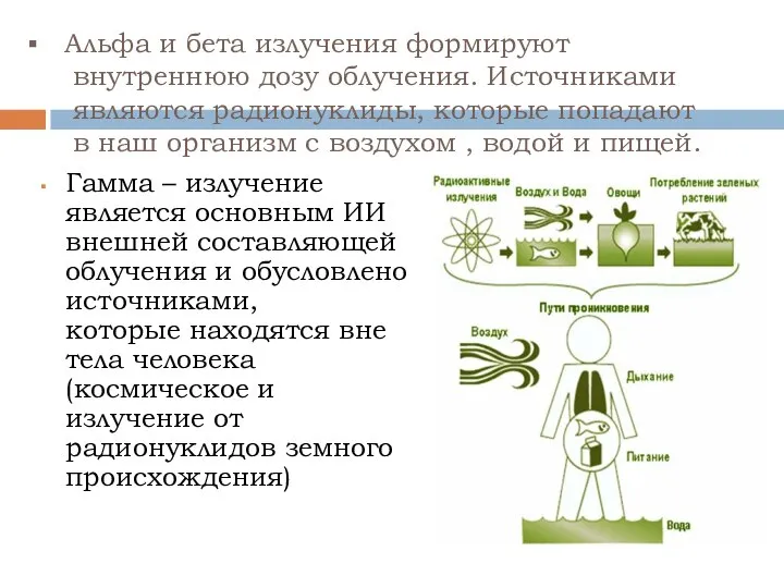 Альфа и бета излучения формируют внутреннюю дозу облучения. Источниками являются радионуклиды, которые