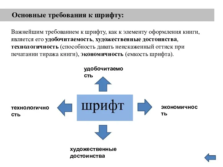 Основные требования к шрифту: Важнейшим требованием к шрифту, как к элементу оформления