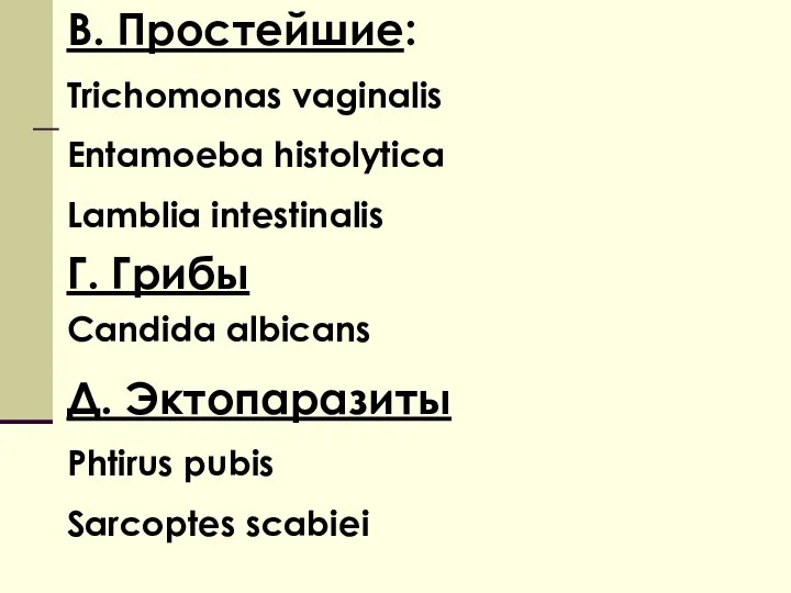 В. Простейшие: Trichomonas vaginalis Entamoeba histolytica Lamblia intestinalis Г. Грибы Candida albicans