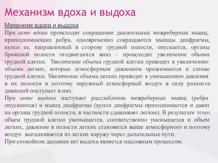 Механизм вдоха и выдоха Механизм вдоха и выдоха При акте вдоха происходит