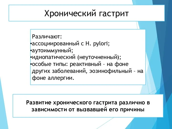 Различают: ассоциированный с Н. pylori; аутоиммунный; идиопатический (неуточненный); особые типы: реактивный –