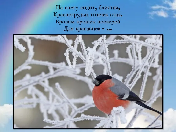 На снегу сидит, блистая, Красногрудых птичек стая. Бросим крошек поскорей Для красавцев - …