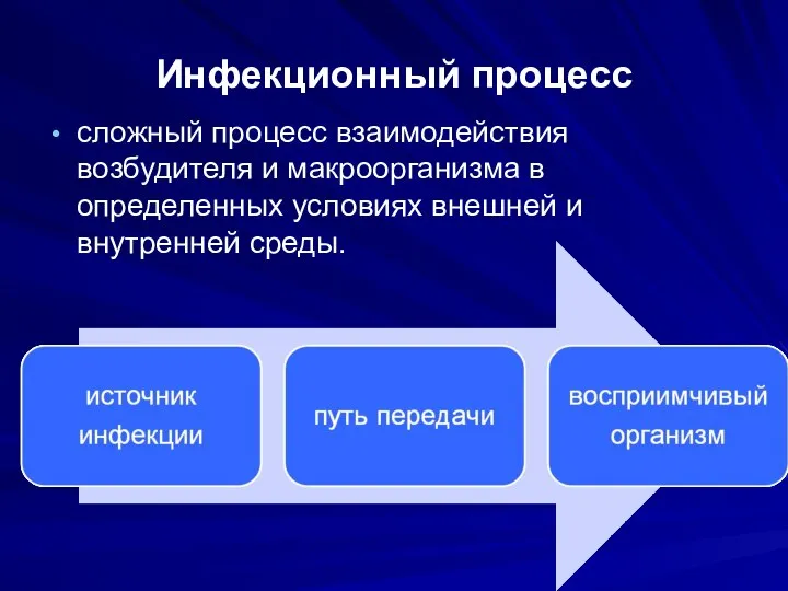 Инфекционный процесс сложный процесс взаимодействия возбудителя и макроорганизма в определенных условиях внешней и внутренней среды.