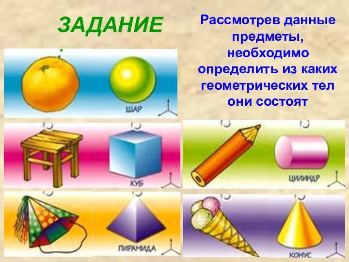 ЗАДАНИЕ: Рассмотрев данные предметы, необходимо определить из каких геометрических тел они состоят