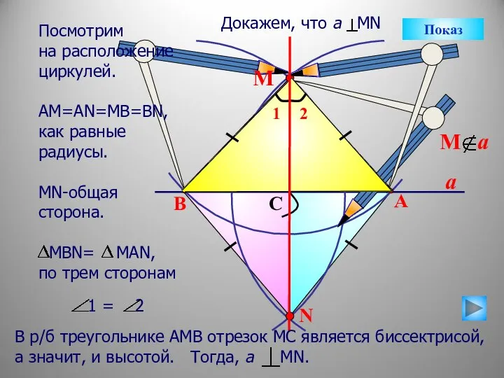 a N B A C М Показ Посмотрим на расположение циркулей. АМ=АN=MB=BN,