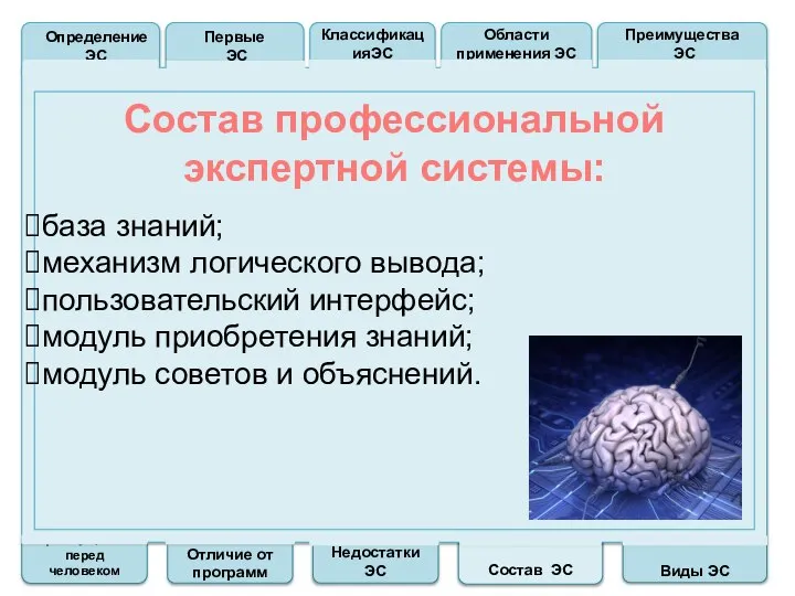 Преимущества перед человеком Отличие от программ Недостатки ЭС Состав ЭС Виды ЭС