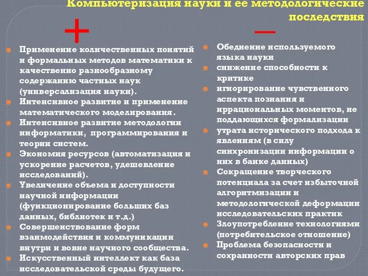 Компьютеризация науки и ее методологические последствия + _ Применение количественных понятий и