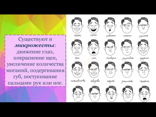 Существуют и микрожесты: движение глаз, покраснение щек, увеличение количества миганий, подергивания губ,