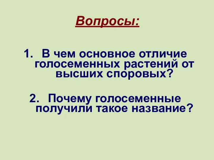 Вопросы: В чем основное отличие голосеменных растений от высших споровых? Почему голосеменные получили такое название?