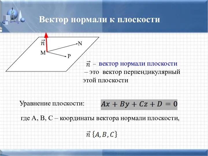 M N P – вектор нормали плоскости – это вектор перпендикулярный этой