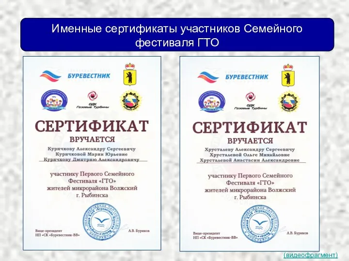 (видеофрагмент) Именные сертификаты участников Семейного фестиваля ГТО