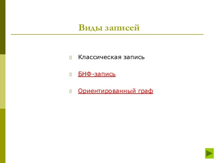 Виды записей Классическая запись БНФ-запись Ориентированный граф