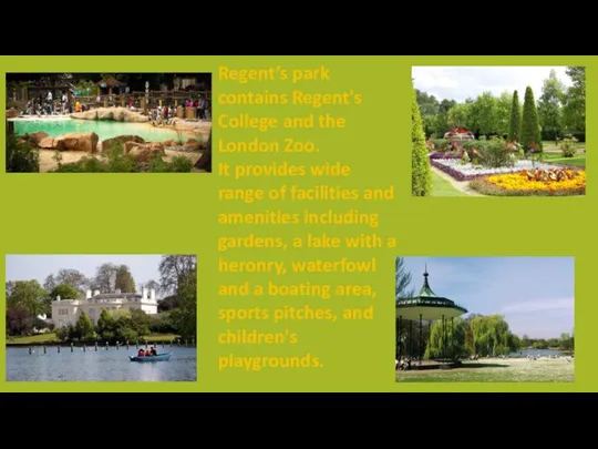 Regent’s park contains Regent's College and the London Zoo. It provides wide