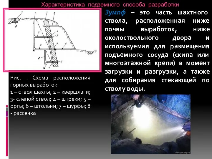 Характеристика подземного способа разработки Зумпф – это часть шахтного ствола, расположенная ниже