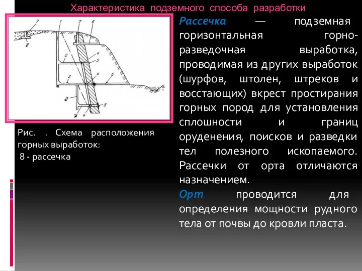 Характеристика подземного способа разработки Рассечка — подземная горизонтальная горно-разведочная выработка, проводимая из