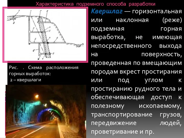 Характеристика подземного способа разработки Квершлаг — горизонтальная или наклонная (реже) подземная горная