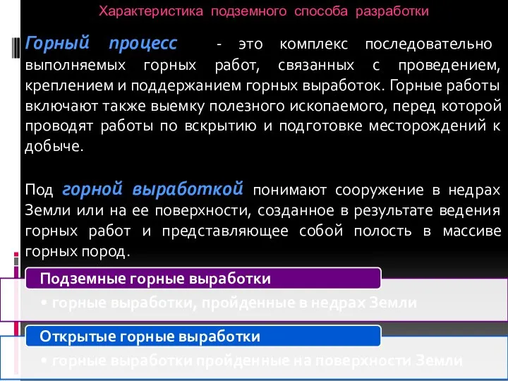 Характеристика подземного способа разработки Горный процесс - это комплекс последовательно выполняемых горных