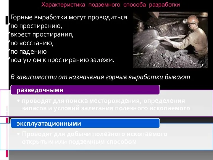 Характеристика подземного способа разработки Горные выработки могут проводиться по простиранию, вкрест простирания,