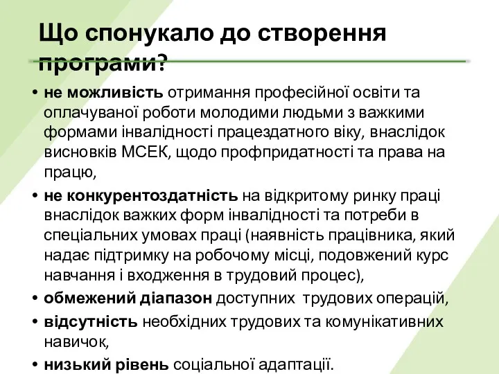 Що спонукало до створення програми? не можливість отримання професійної освіти та оплачуваної