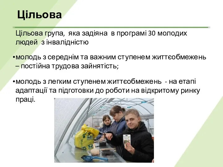 Цільова Цільова група, яка задіяна в програмі 30 молодих людей з інвалідністю