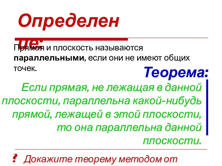 Определение: Прямая и плоскость называются параллельными, если они не имеют общих точек.