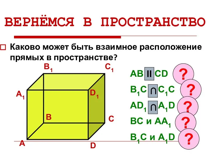 ВЕРНЁМСЯ В ПРОСТРАНСТВО Каково может быть взаимное расположение прямых в пространстве? А