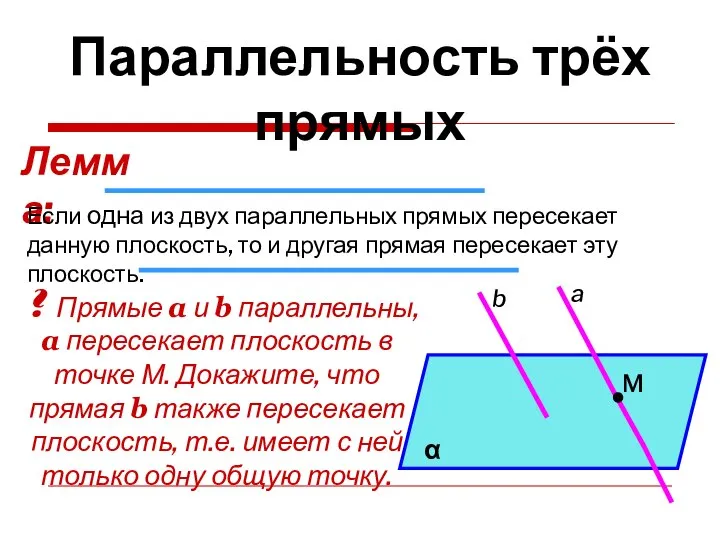 Параллельность трёх прямых Лемма: Если одна из двух параллельных прямых пересекает данную