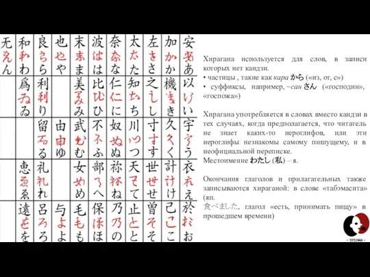 Хирагана используется для слов, в записи которых нет кандзи. • частицы ,