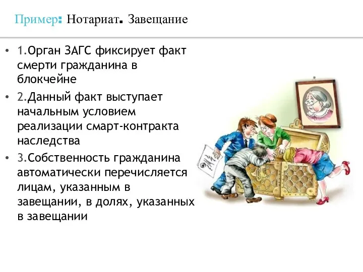 Пример: Нотариат. Завещание 1.Орган ЗАГС фиксирует факт смерти гражданина в блокчейне 2.Данный