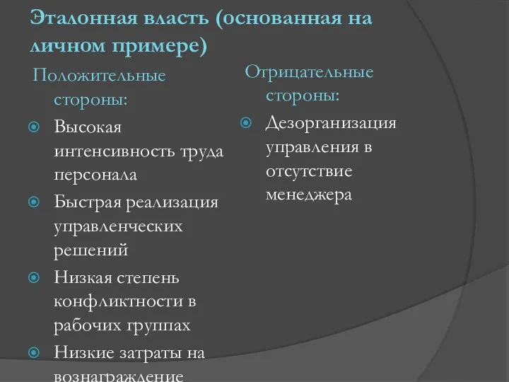 Эталонная власть (основанная на личном примере) Положительные стороны: Высокая интенсивность труда персонала