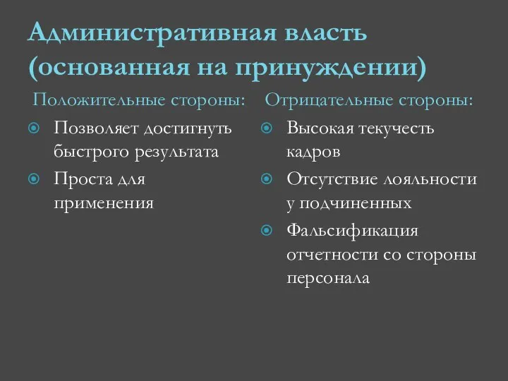 Административная власть (основанная на принуждении) Положительные стороны: Позволяет достигнуть быстрого результата Проста