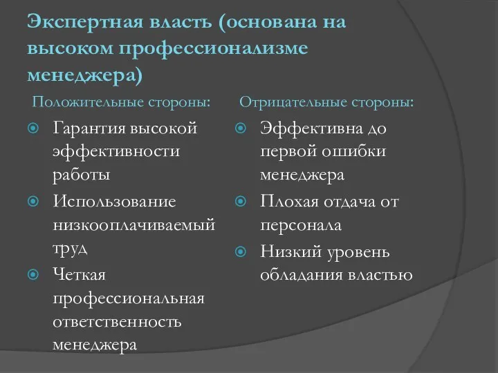 Экспертная власть (основана на высоком профессионализме менеджера) Положительные стороны: Гарантия высокой эффективности