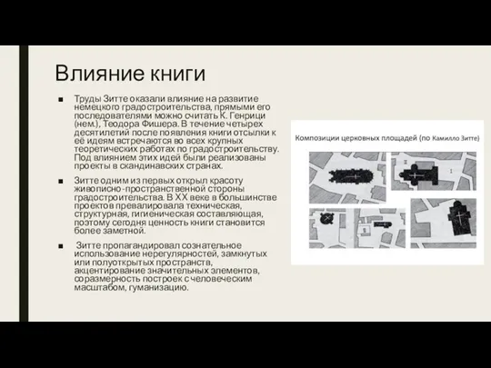 Влияние книги Труды Зитте оказали влияние на развитие немецкого градостроительства, прямыми его