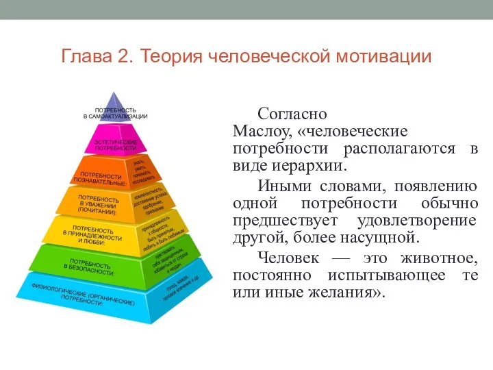 Согласно Маслоу, «человеческие потребности располагаются в виде иерархии. Иными словами, появлению одной