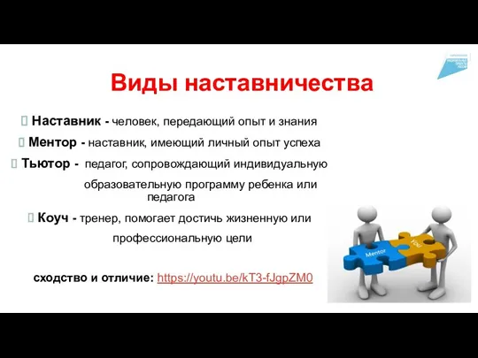 Виды наставничества Наставник - человек, передающий опыт и знания Ментор - наставник,