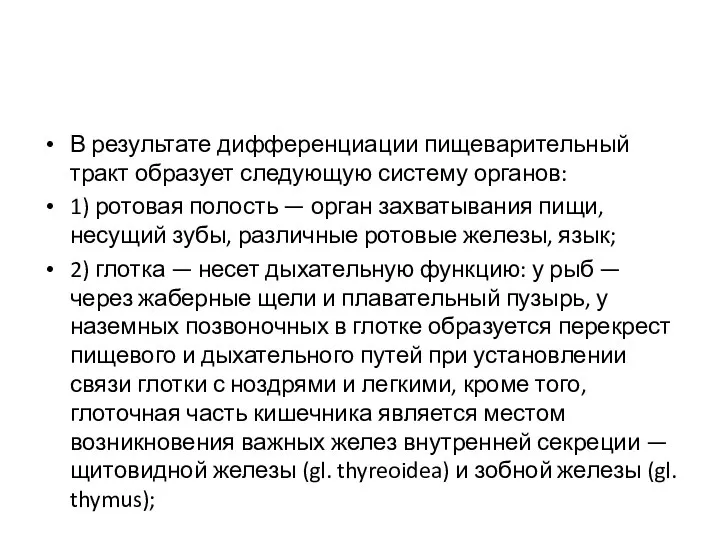 В результате дифференциации пищеварительный тракт образует следующую систему органов: 1) ротовая полость