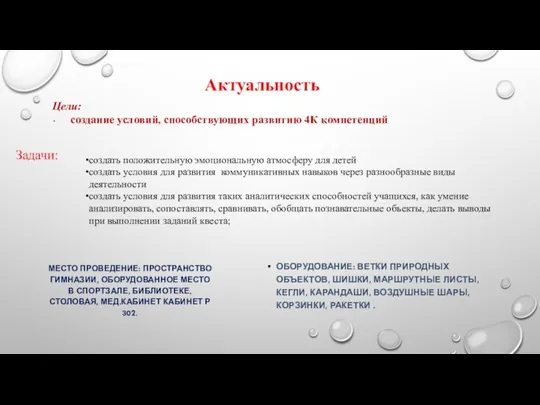 Актуальность Цели: создание условий, способствующих развитию 4К компетенций Задачи: создать положительную эмоциональную