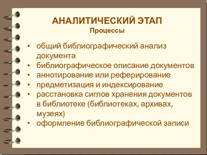 АНАЛИТИЧЕСКИЙ ЭТАП Процессы общий библиографический анализ документа библиографическое описание документов аннотирование или