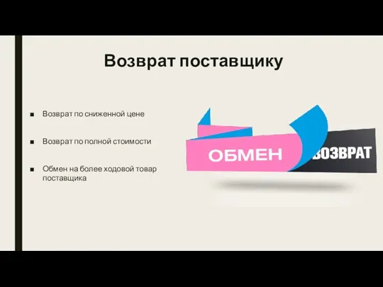 Возврат поставщику Возврат по сниженной цене Возврат по полной стоимости Обмен на более ходовой товар поставщика