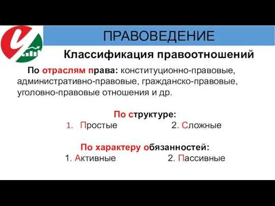 Классификация правоотношений По отраслям права: конституционно-правовые, административно-правовые, гражданско-правовые, уголовно-правовые отношения и др.