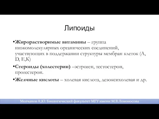 Липоиды Жирорастворимые витамины – группа низкомолекулярных органических соединений, участвующих в поддержании структуры