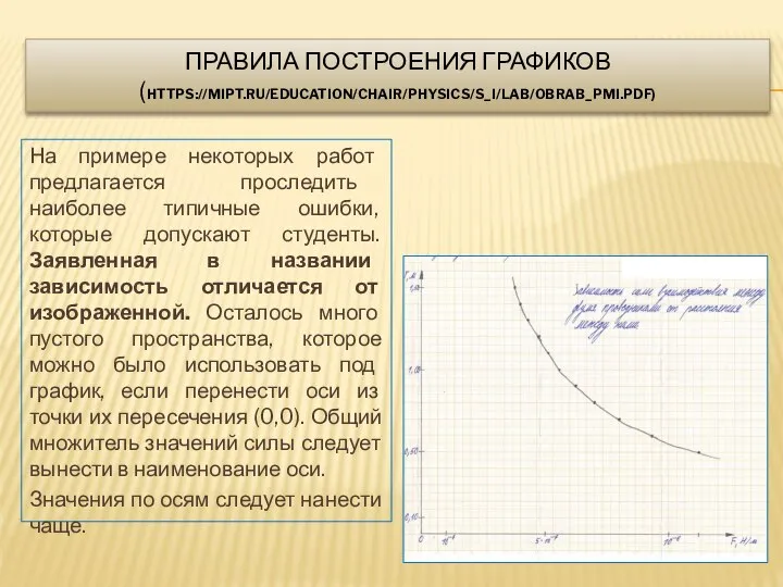 ПРАВИЛА ПОСТРОЕНИЯ ГРАФИКОВ (HTTPS://MIPT.RU/EDUCATION/CHAIR/PHYSICS/S_I/LAB/OBRAB_PMI.PDF) На примере некоторых работ предлагается проследить наиболее типичные