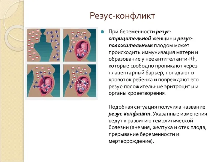 Резус-конфликт При беременности резус-отрицательной женщины резус-положительным плодом может происходить иммунизация матери и