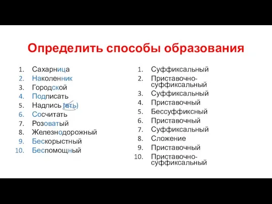 Определить способы образования Сахарница Наколенник Городской Подписать Надпись (ать) Сосчитать Розоватый Железнодорожный