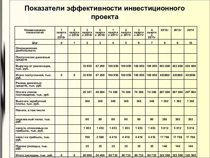 Показатели эффективности инвестиционного проекта