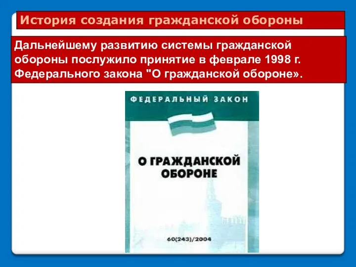 История создания гражданской обороны Дальнейшему развитию системы гражданской обороны послужило принятие в