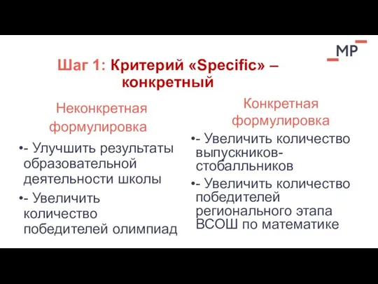 Шаг 1: Критерий «Specific» – конкретный Неконкретная формулировка - Улучшить результаты образовательной