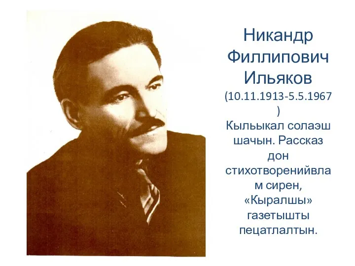 Никандр Филлипович Ильяков (10.11.1913-5.5.1967) Кыльыкал солаэш шачын. Рассказ дон стихотворенийвлам сирен, «Кыралшы» газетышты пецатлалтын.