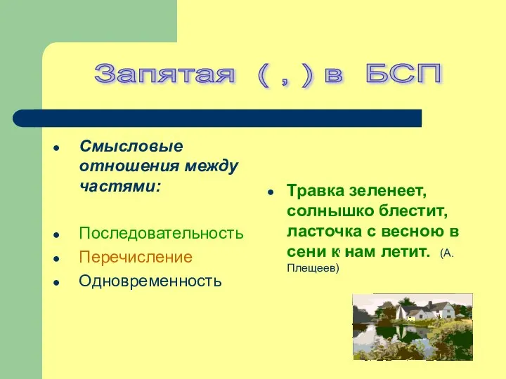 Смысловые отношения между частями: Последовательность Перечисление Одновременность Травка зеленеет, солнышко блестит, ласточка