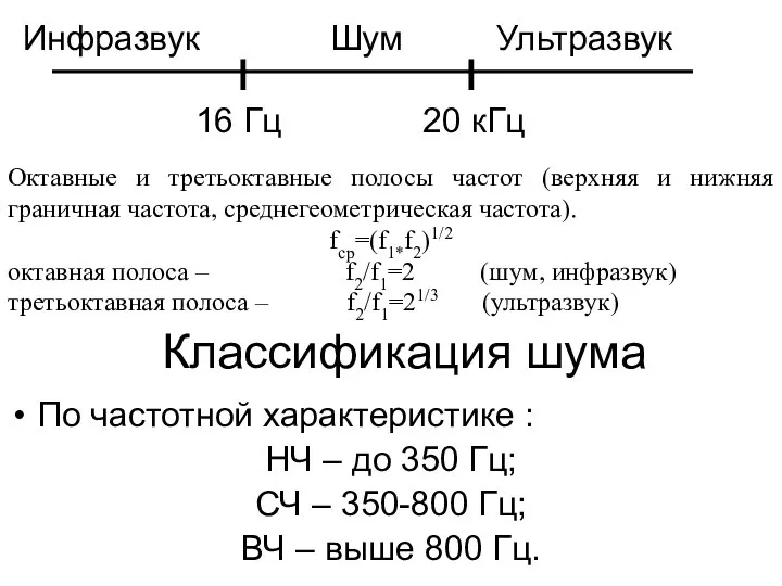 Классификация шума По частотной характеристике : НЧ – до 350 Гц; СЧ